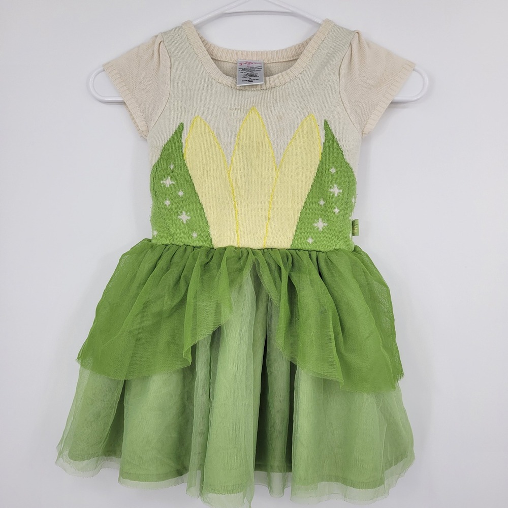 Disney Princess Tiana Dress Kids 4T Green Cream Tulle Knit Sweater Costume